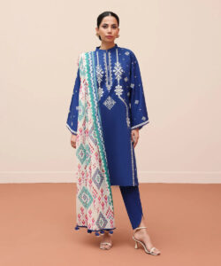 Blue color Shirt and Trouser with Printed Dupatta